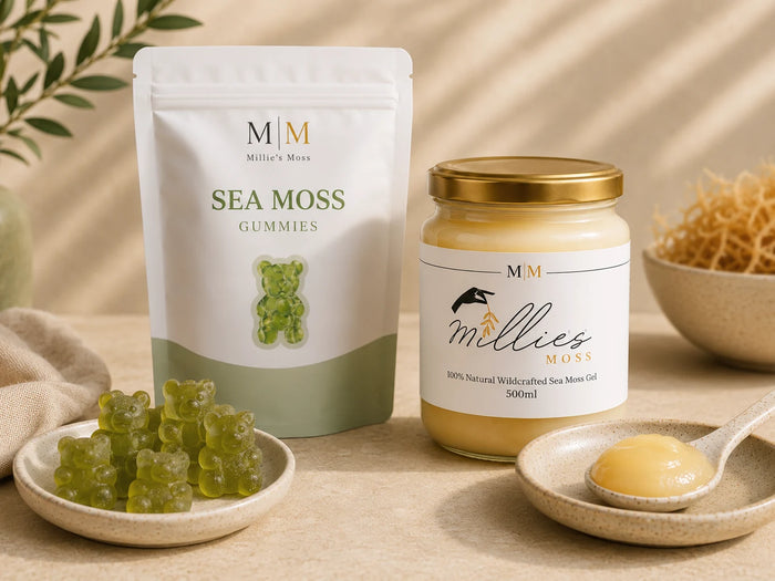Millie’s Moss sea moss gummies pouch beside a jar of sea moss gel with gummies and gel on dishes.