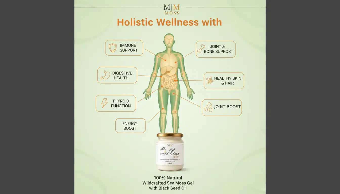 Holistic wellness infographic showing sea moss gel benefits including immune support digestive health thyroid function energy and joint support