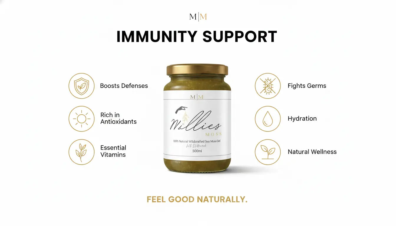 Sea moss immunity support infographic showing antioxidants essential vitamins hydration natural wellness and immune defense benefits