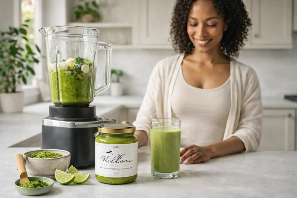 Woman preparing green matcha sea moss smoothie with blender and Millies sea moss gel in bright kitchen