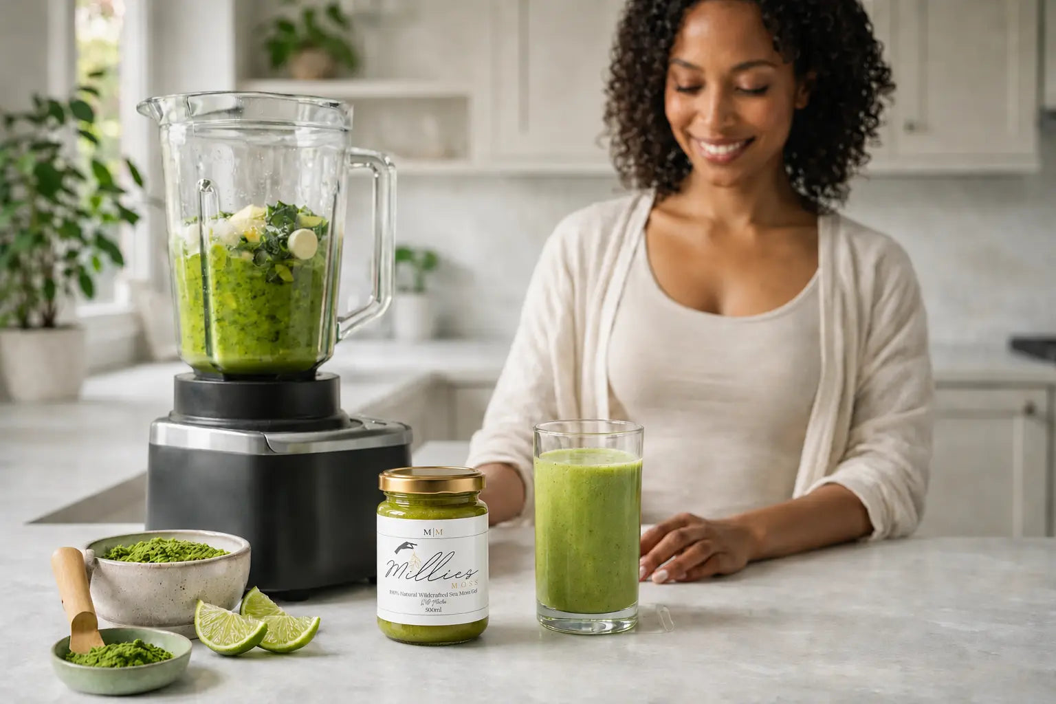 Millie’s Moss matcha sea moss gel beside a green smoothie and blender on a bright kitchen counter.