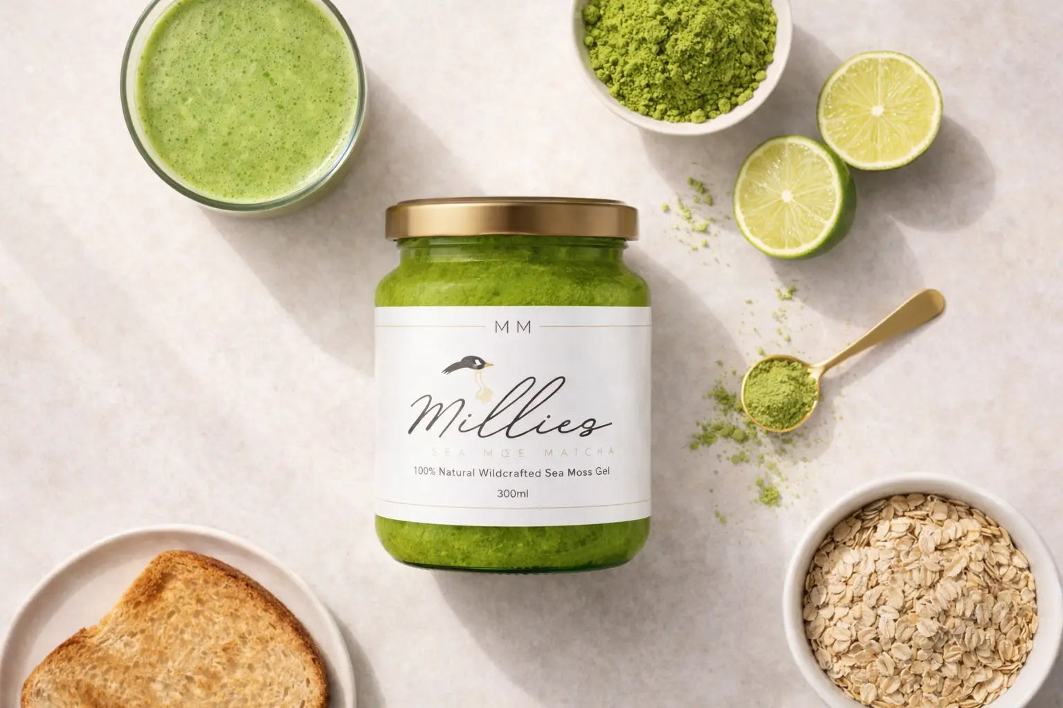 Flat lay of sea moss matcha gel with oats toast lime and matcha smoothie ingredients