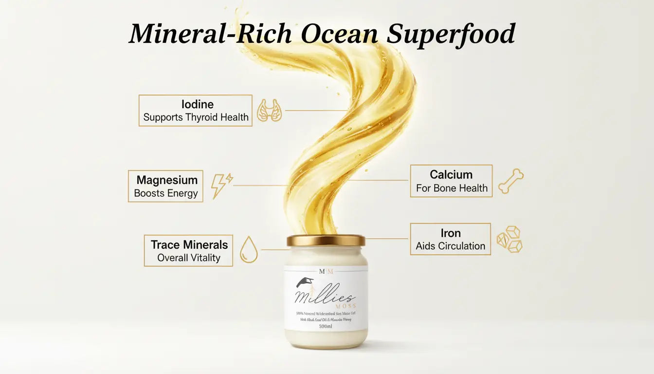 Mineral rich sea moss infographic highlighting iodine magnesium calcium iron and trace minerals surrounding sea moss gel jar