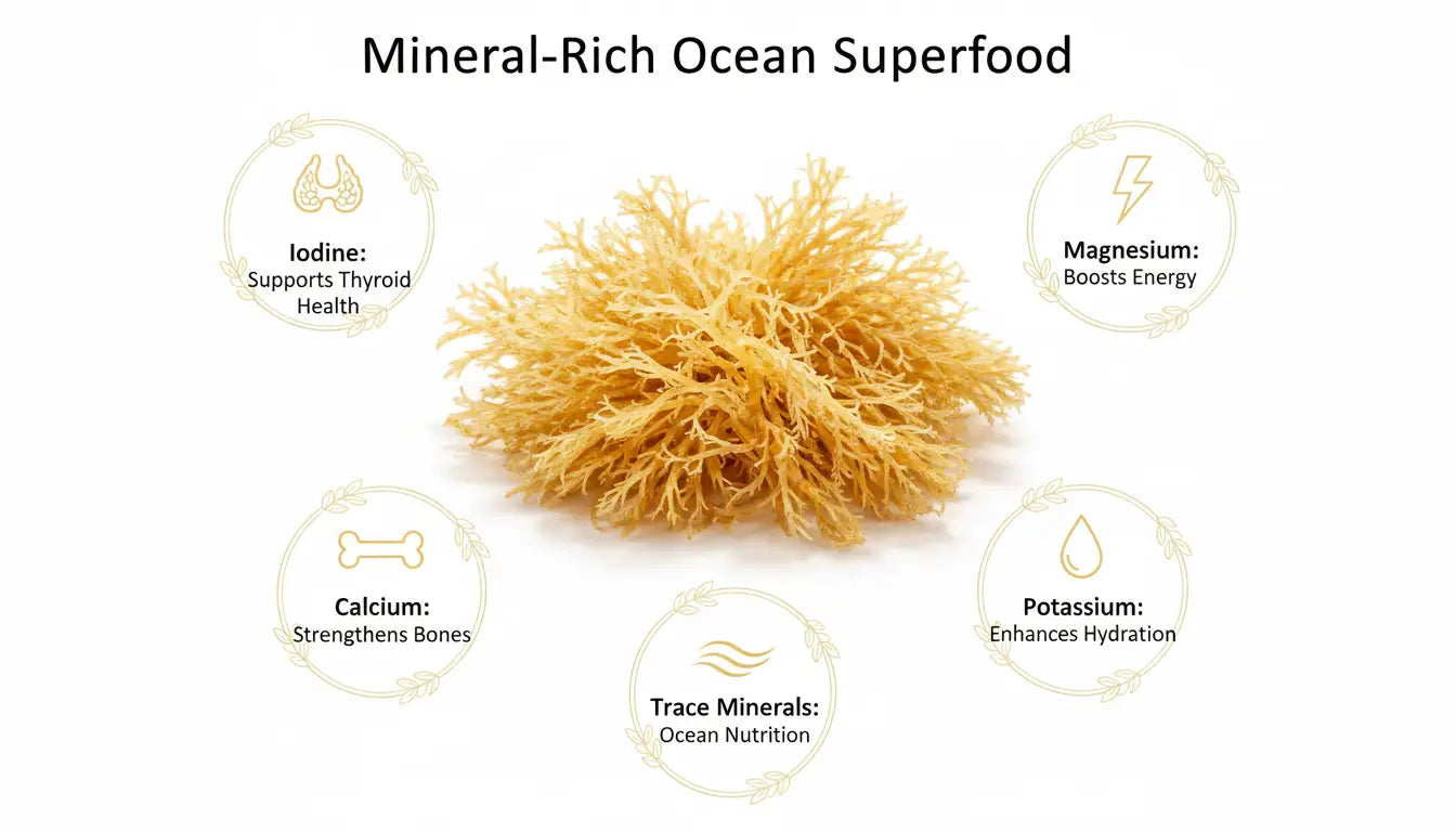 Sea moss mineral nutrition infographic showing iodine magnesium calcium potassium and trace minerals