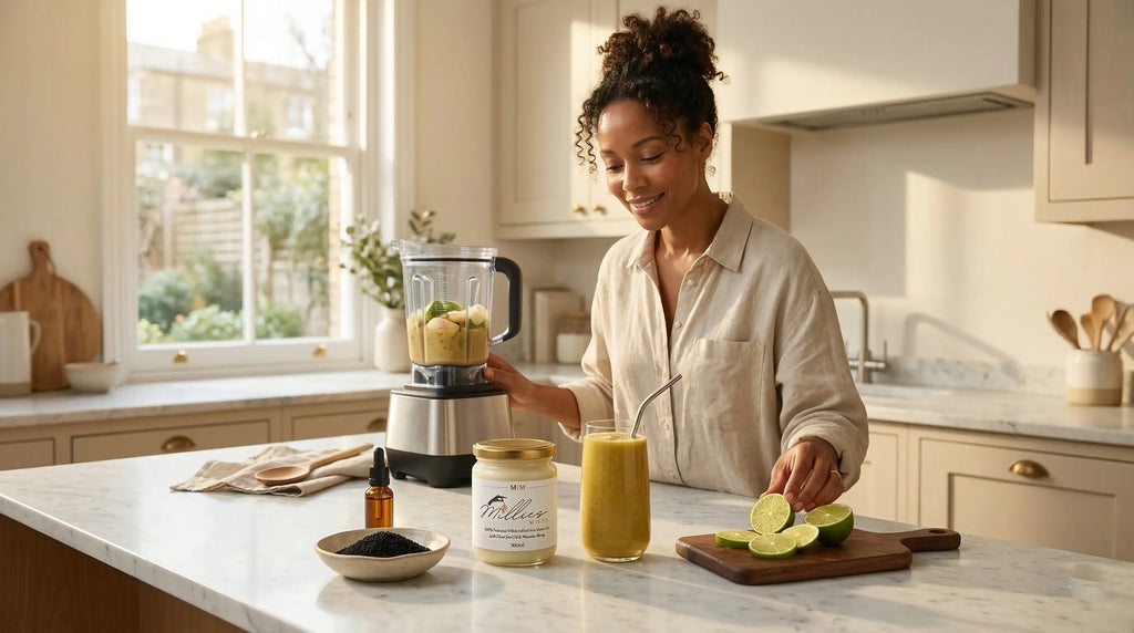 Woman making a smoothie with sea moss gel black seed oil and fresh lime in a bright kitchen