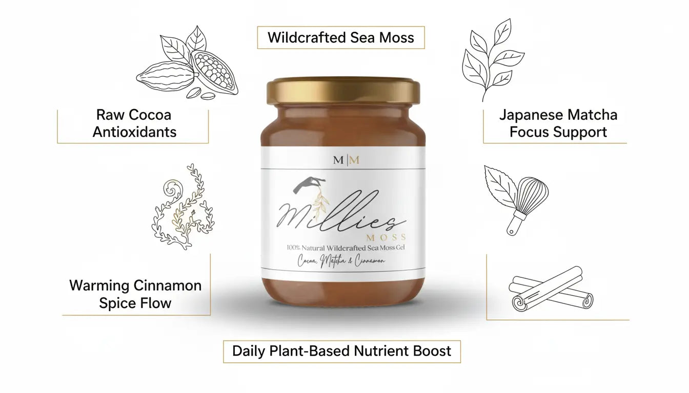 Millies Moss sea moss gel with wildcrafted sea moss cacao matcha and cinnamon highlighting plant-based superfood ingredients