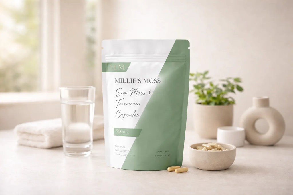 Millie’s Moss sea moss and turmeric capsules displayed with a glass of water in a clean wellness setting.