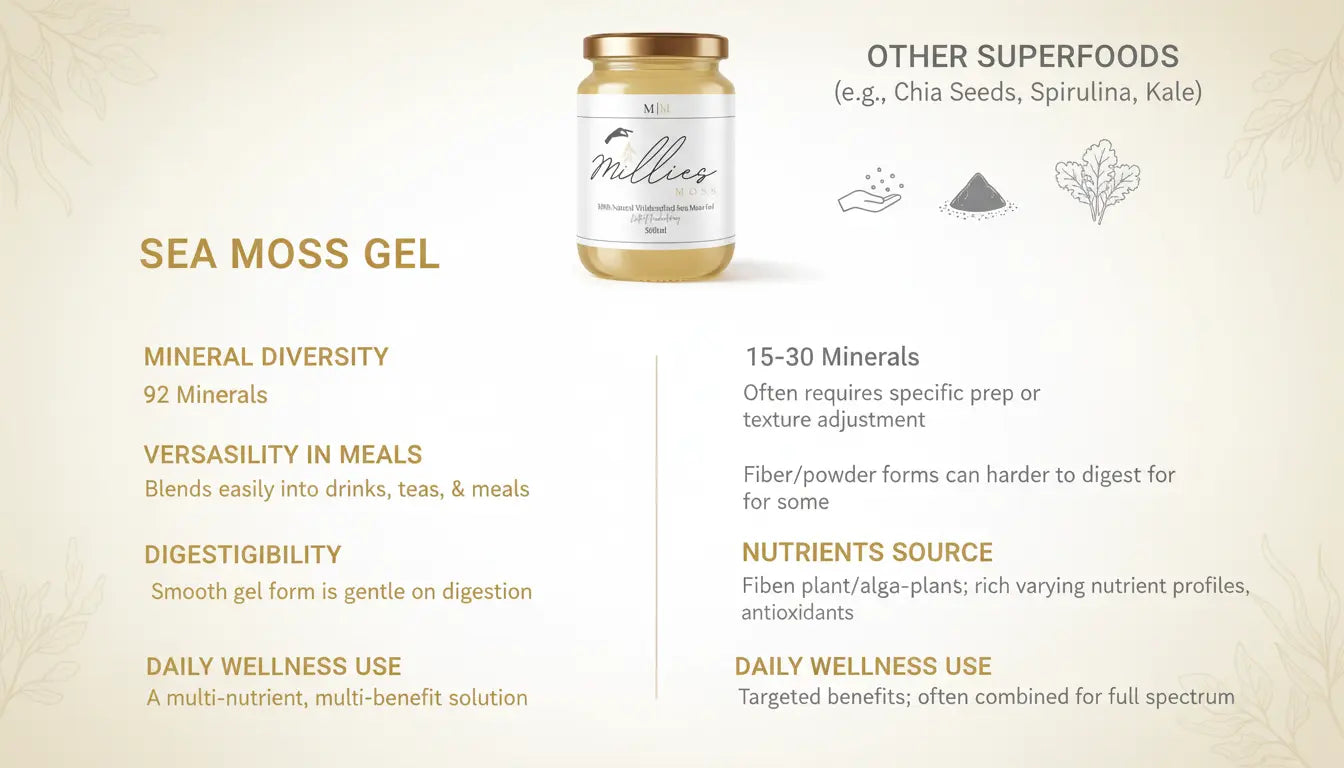 Sea moss gel compared with other superfoods highlighting mineral diversity, digestibility and versatility