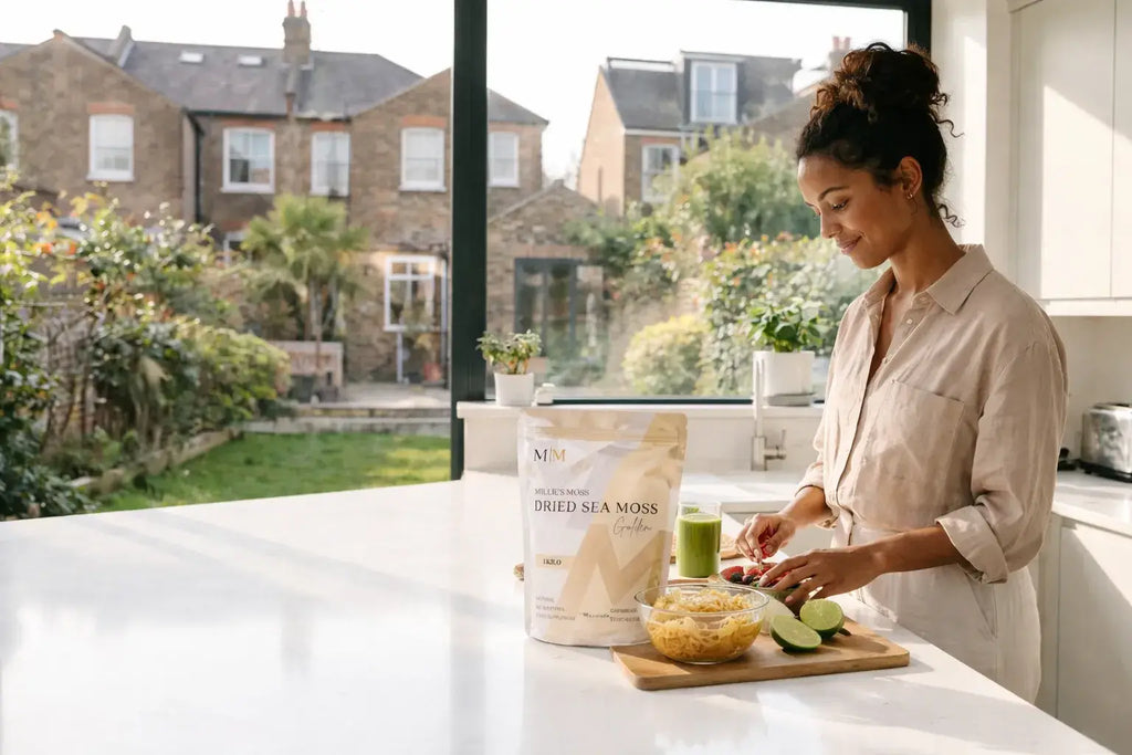 Woman preparing sea moss in a bright kitchen as part of a healthy daily wellness routine
