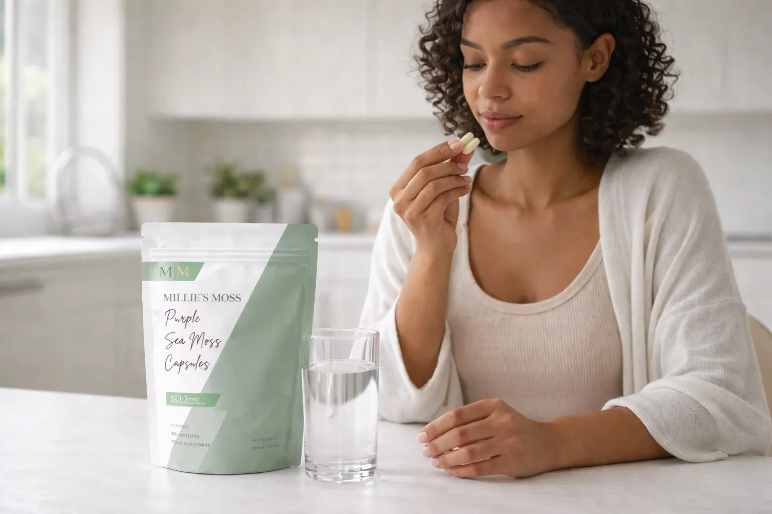 Woman taking purple sea moss capsules with water as part of a healthy daily supplement routine.