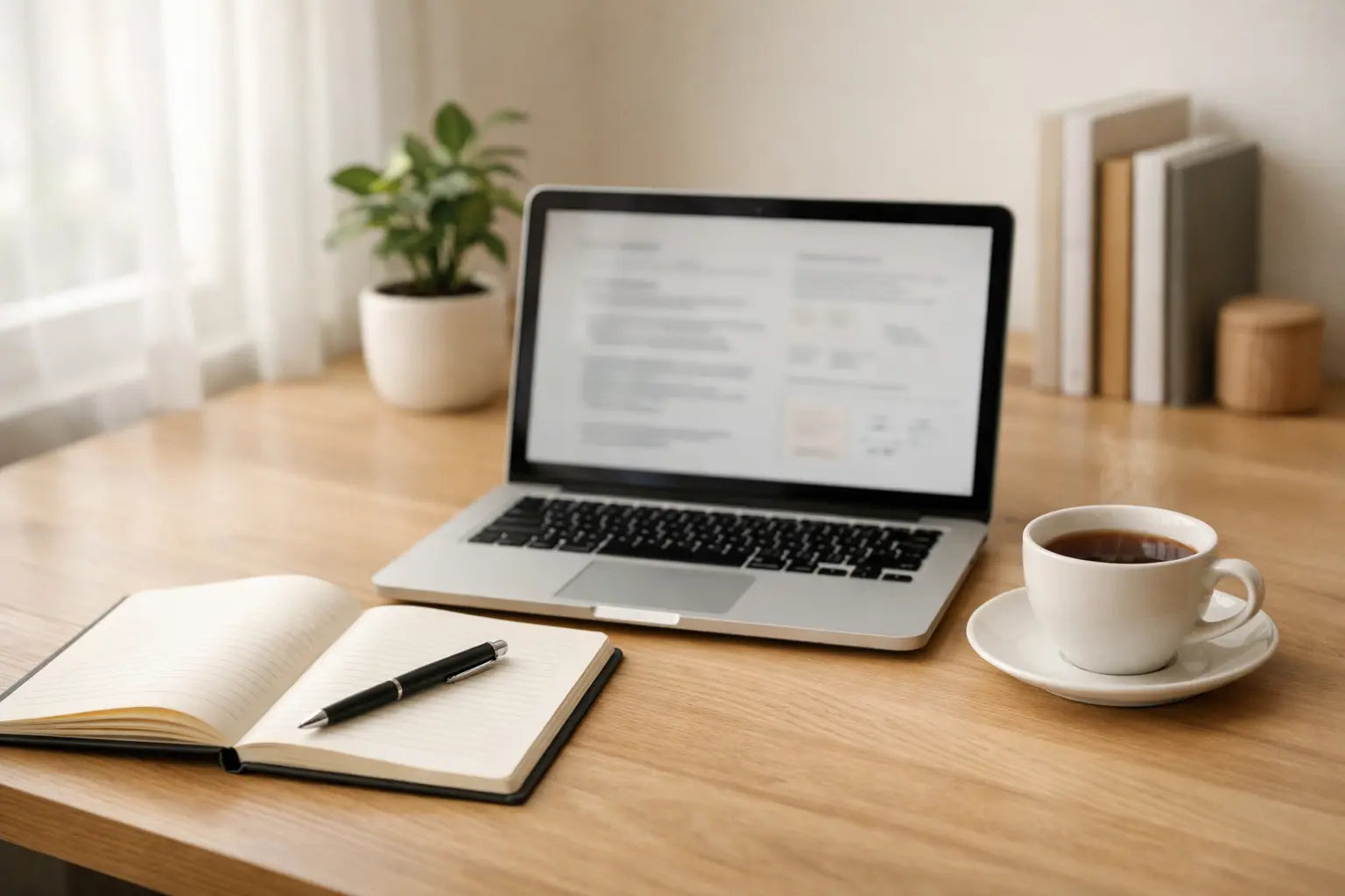 Minimal desk workspace with laptop notebook and tea used for writing a wellness blog article