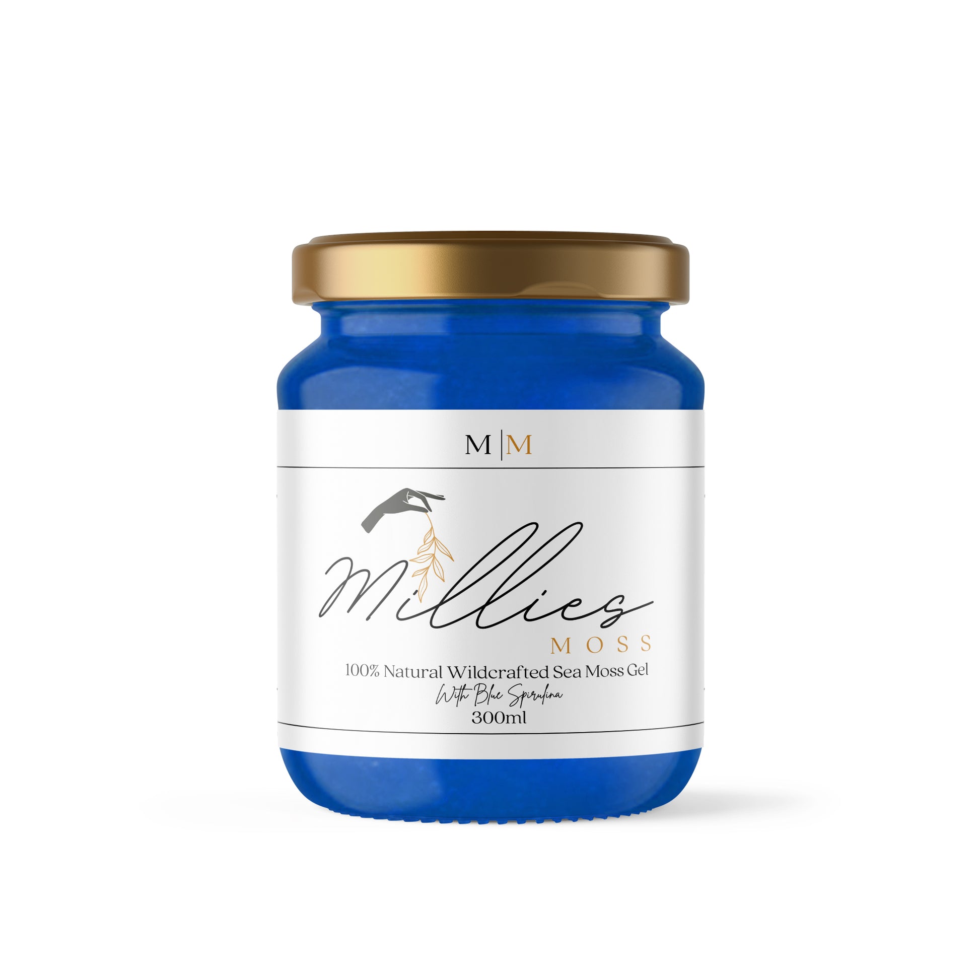 Millie’s Moss 300ml Sea Moss Gel infused with Blue Spirulina, front-facing product image.