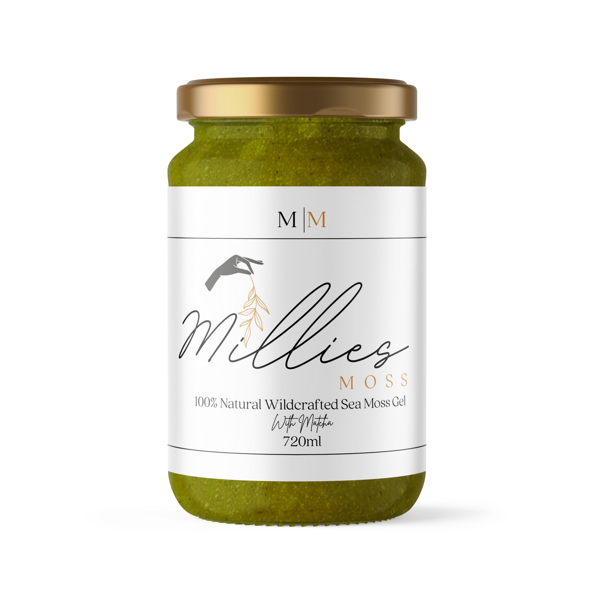 Millie’s Moss 720ml Sea Moss Gel with matcha, an energizing, antioxidant-rich blend for improved focus, metabolism, and overall wellness. Front view.