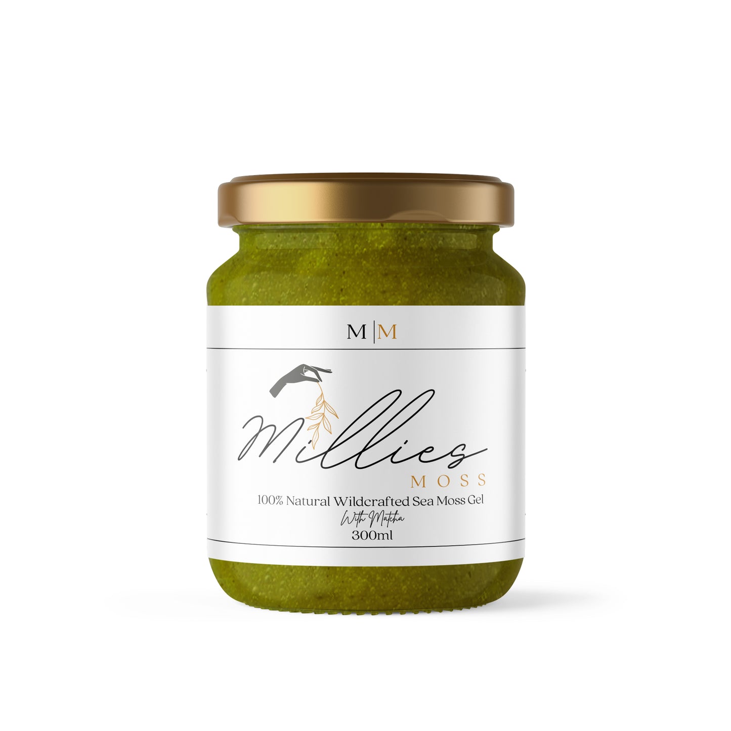 Millie’s Moss 300ml Sea Moss Gel with matcha, an energizing, antioxidant-rich blend for improved focus, metabolism, and overall wellness. Front view.