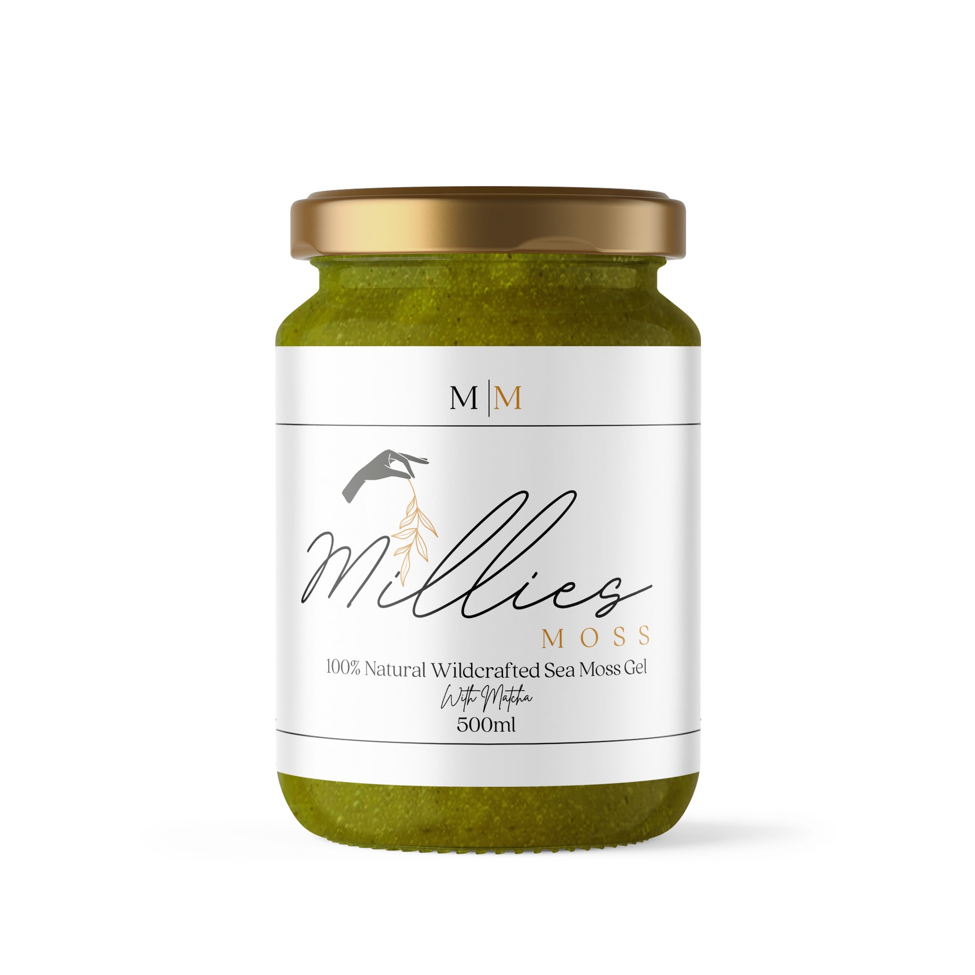 Millie’s Moss 500ml Sea Moss Gel with matcha, an energizing, antioxidant-rich blend for improved focus, metabolism, and overall wellness. Front view.