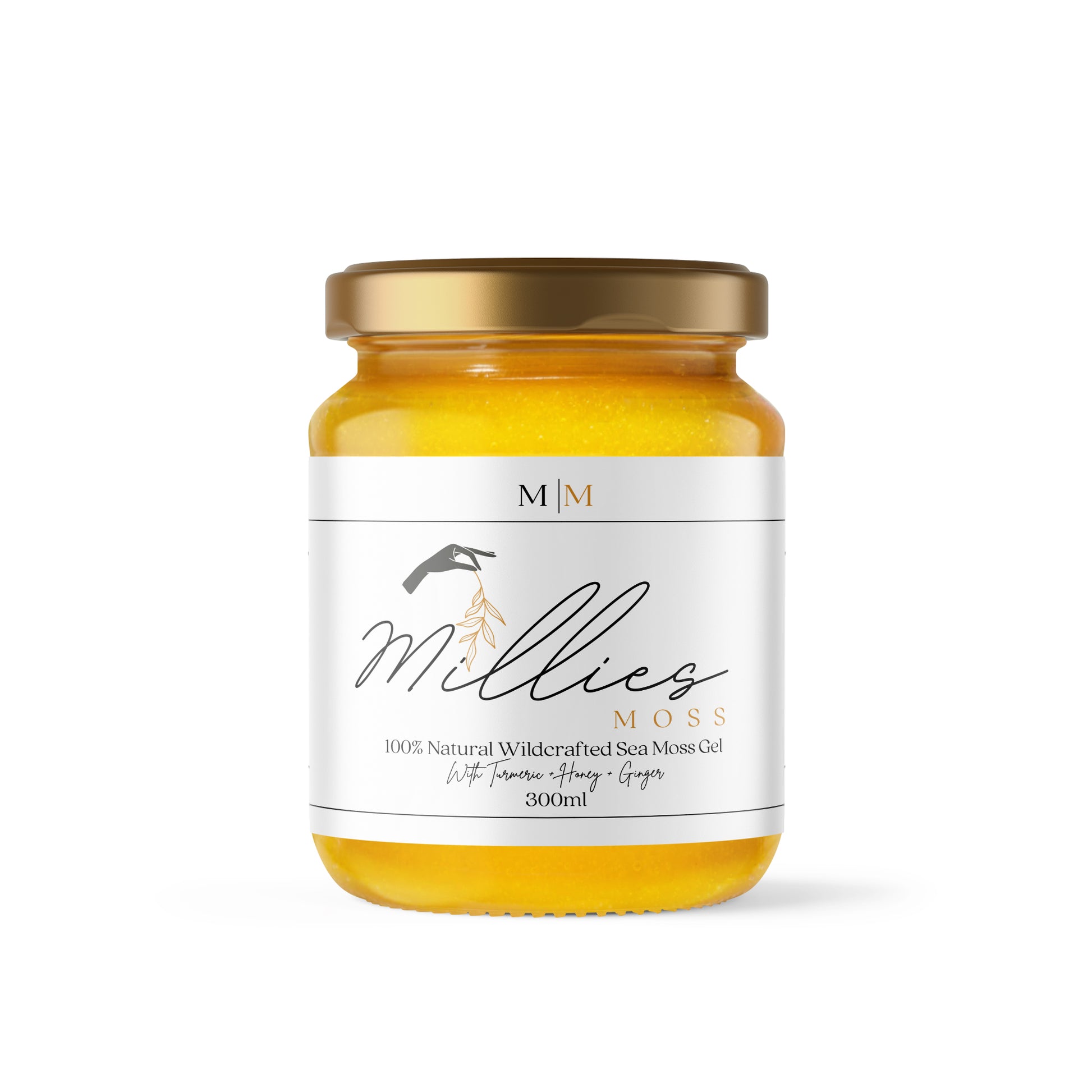 A jar of sea moss gel infused with turmeric, manuka honey, and ginger, labeled 'Millie's Moss'. Front view of a 300ml jar a nutrient-rich natural supplement for immunity and skin health