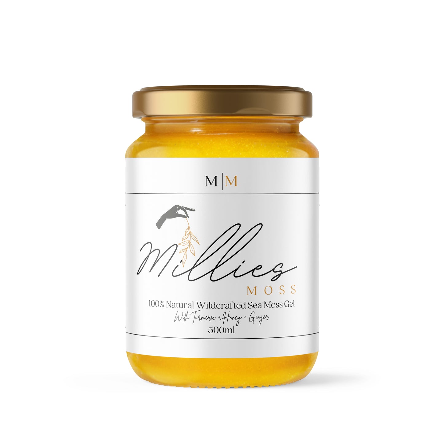 A jar of sea moss gel infused with turmeric, manuka honey, and ginger, labeled 'Millie's Moss'. Front view of a 500ml jar a nutrient-rich natural supplement for immunity and skin health