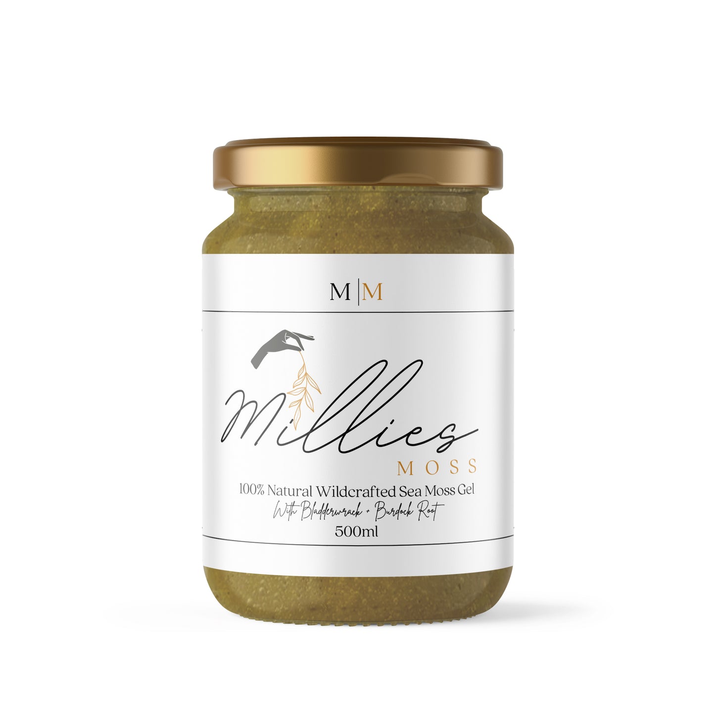 Millie’s Moss 500ml Sea Moss Gel with bladderwrack and burdock root — a nourishing blend to boost energy, detoxify, and promote overall health. Front view
