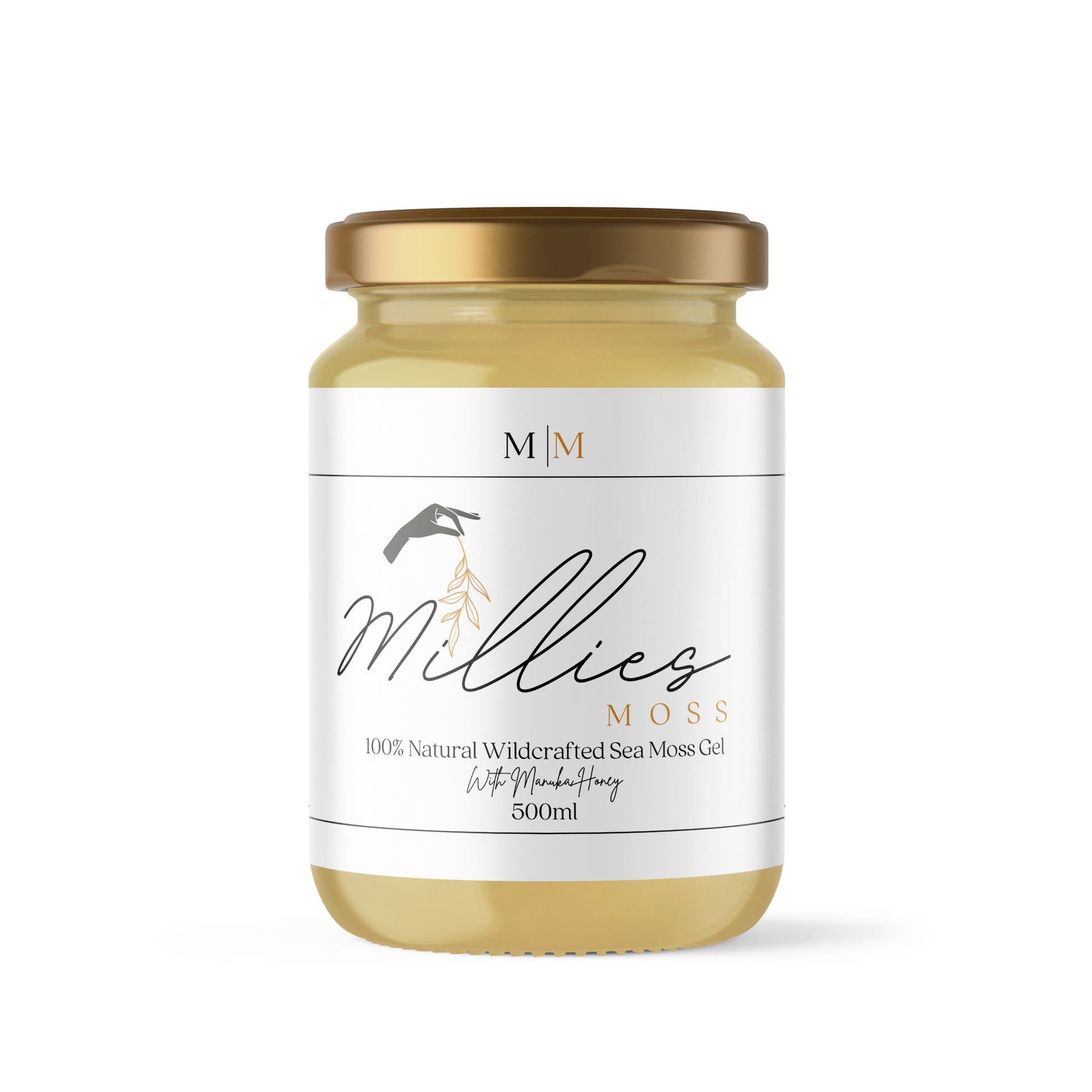 A 500ml jar of Millies Moss sea moss gel infused with Manuka honey, with a white label on the front. Front view