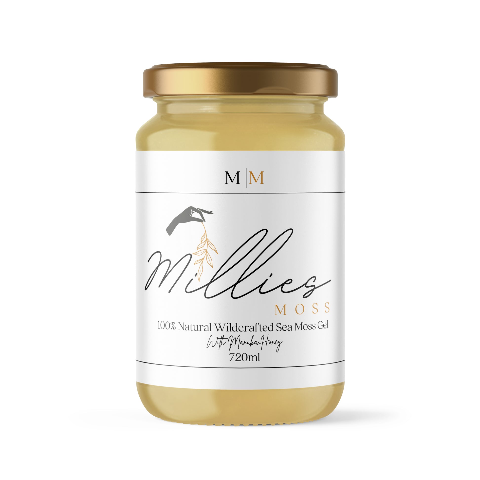 A 720ml jar of Millies Moss sea moss gel infused with Manuka honey, with a white label on the front.