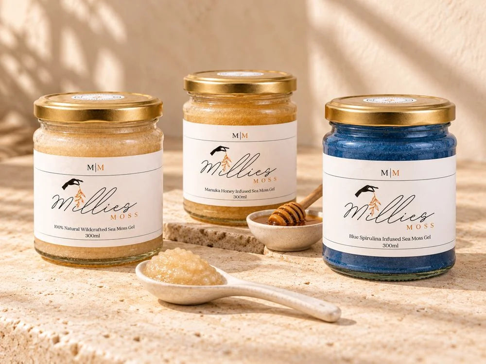 Golden, Manuka Honey and Blue Spirulina sea moss gel jars together